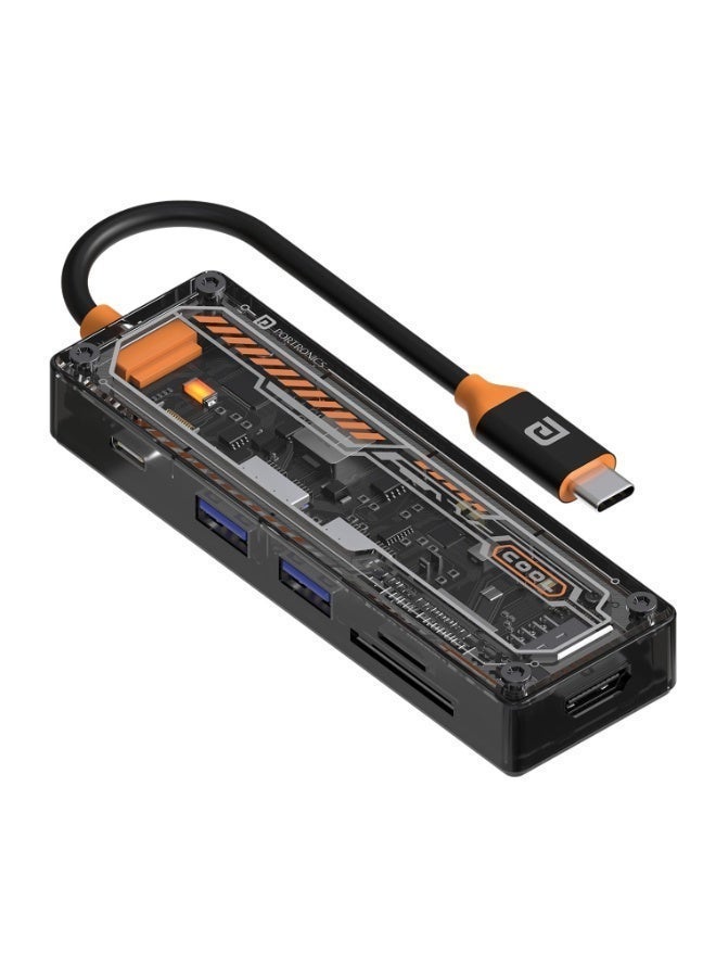 بورترونيكس Portronics MPort View Two 6-in-1 USB Type-C Hub Dock,100 W Type-C PD&Data, USB 3.0 SuperSpeed, USB 2.0,SD and Micro SD, 4K HDMI,Transparent Case for Laptop, PC & More(Black) - Image 1